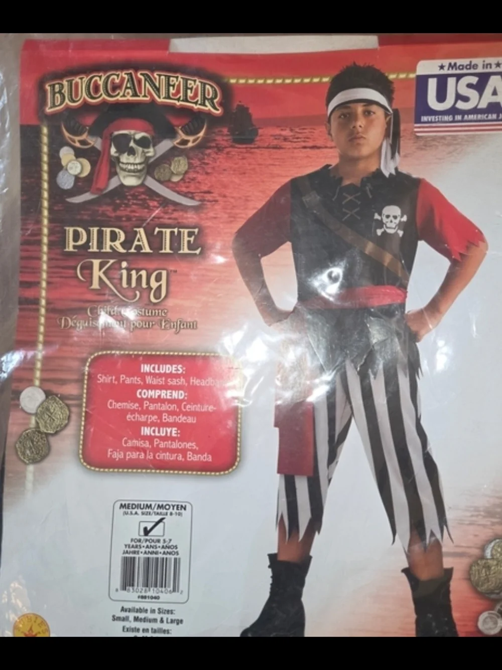 Kids Pirate Costume Medium with Red Sash and Striped Pants, Shirt, Headband